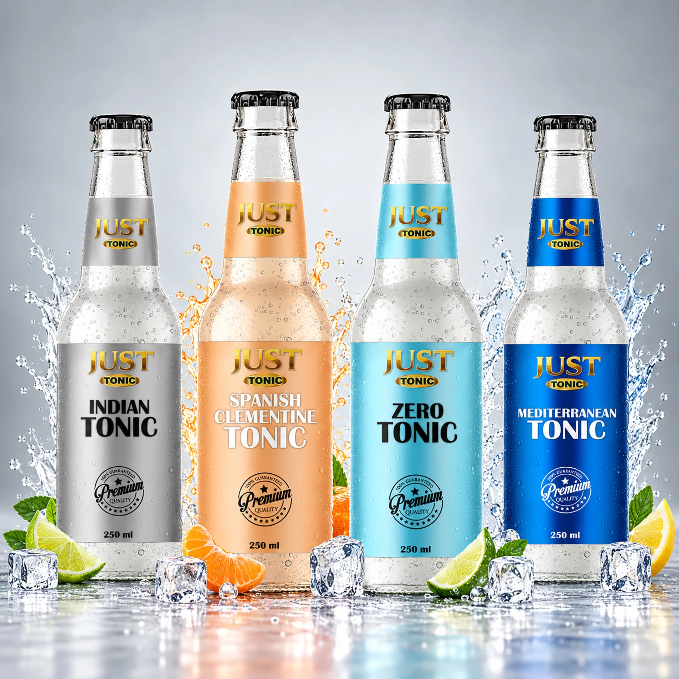JUST Tonic 250ml glass bottles featuring Indian, Spanish Clementine, Zero, and Mediterranean tonic flavours with ice and citrus fruits.